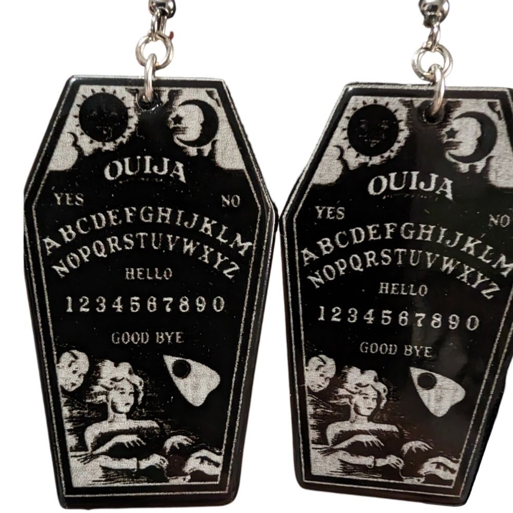 Black Acrylic Ouija Coffin Hook Earrings